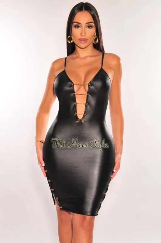 Black Faux Leather Spaghetti Strap Gold Chain Lace Up Double Slit Dress sold by Hot Miami Styles