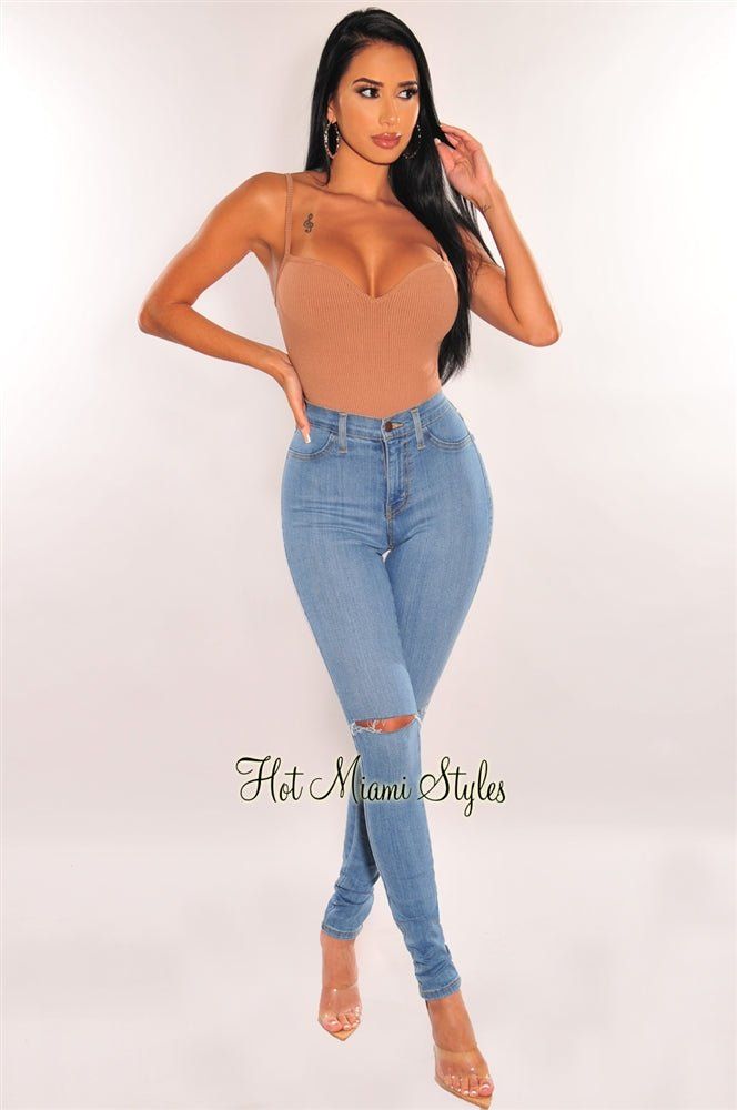 Mocha Ribbed Sweetheart Spaghetti Straps Bodysuit sold by Hot Miami Styles product image thumbnail 3