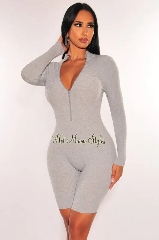 Rib Button Up Romper - Grey Melange | Parallel