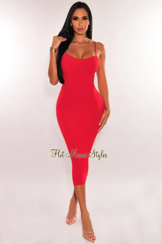 Red Ribbed Spaghetti Strap Bodycon Midi Dress sold by Hot Miami Styles