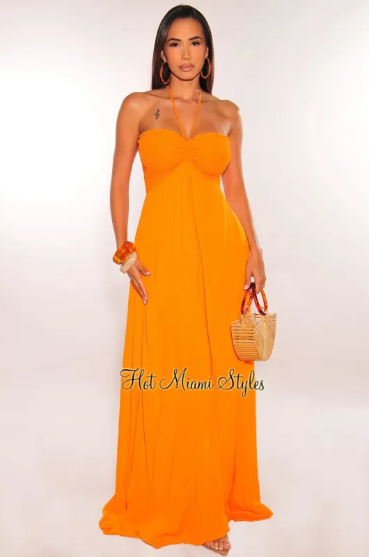 Tangerine Smocked Halter Maxi Dress sold by Hot Miami Styles