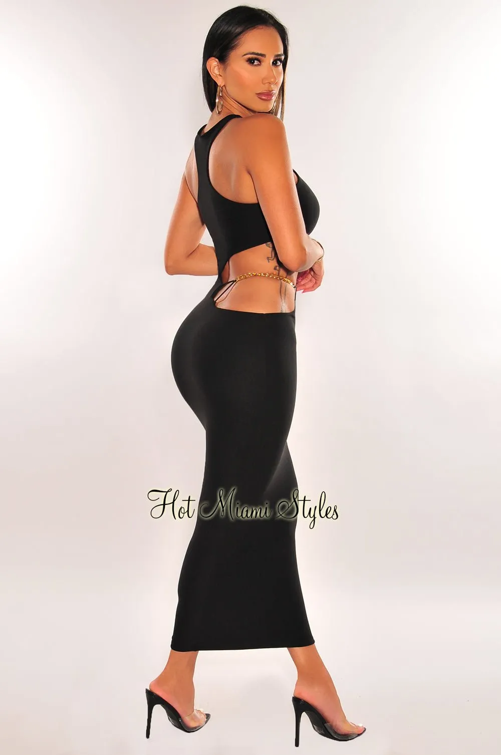 Black Sleeveless Gold Chain Cut Out Midi Dress sold by Hot Miami Styles product image thumbnail 3