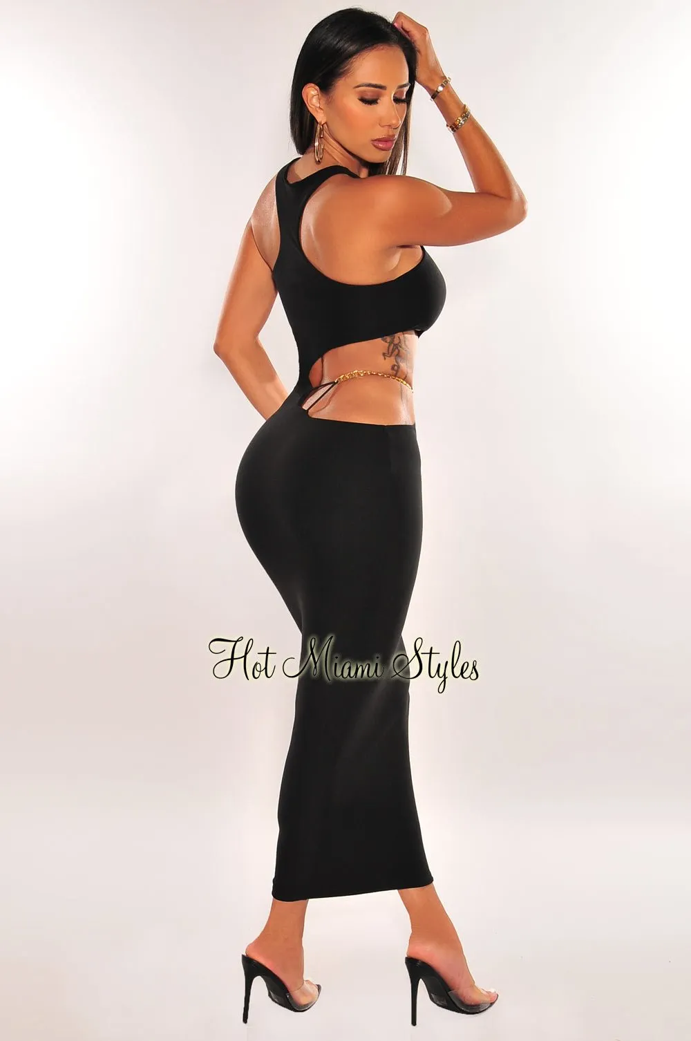 Black Sleeveless Gold Chain Cut Out Midi Dress sold by Hot Miami Styles product image thumbnail 4