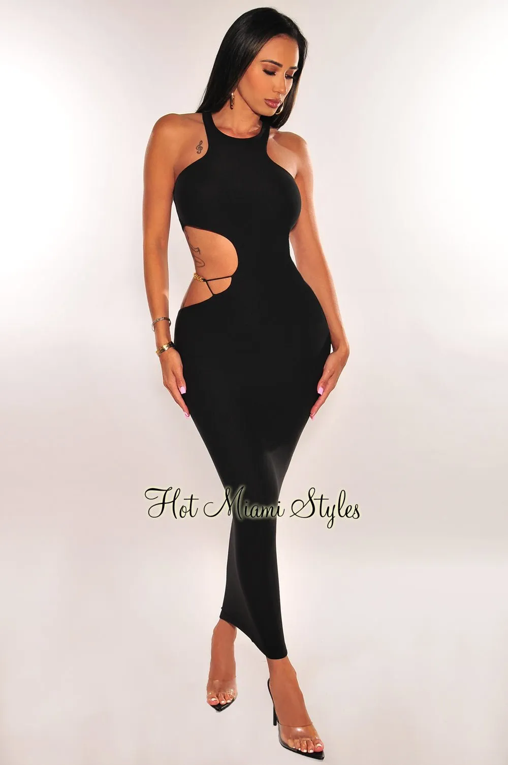 Black Sleeveless Gold Chain Cut Out Midi Dress sold by Hot Miami Styles