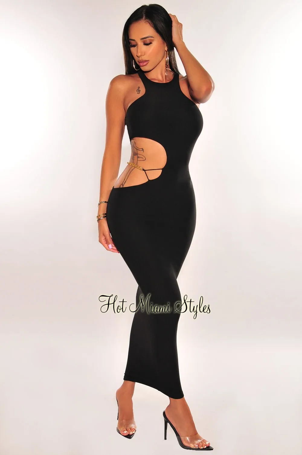 Black Sleeveless Gold Chain Cut Out Midi Dress sold by Hot Miami Styles product image thumbnail 2