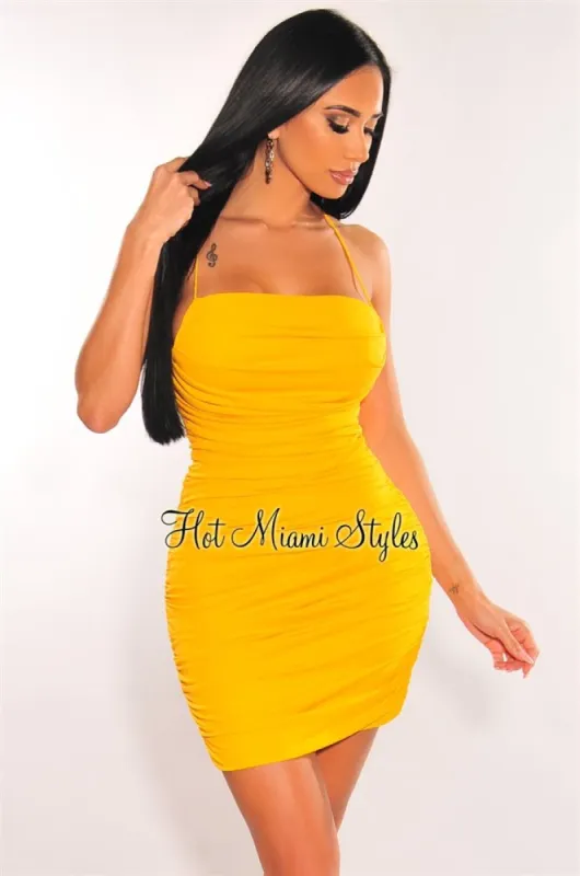 Yellow Double Elastic Straps Crisscross Ruched Dress sold by Hot Miami Styles