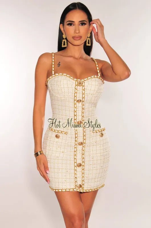 White Tweed Gold Chain Padded Mini Dress sold by Hot Miami Styles