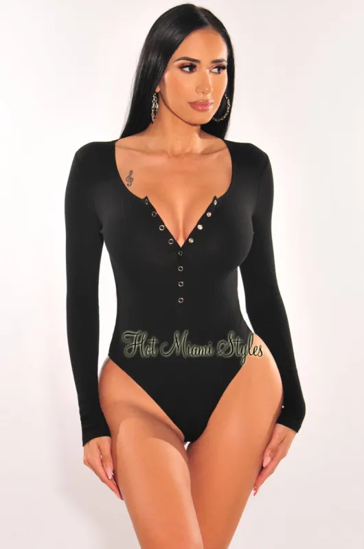 Black Ribbed Round Neck Long Sleeve Snap Button Up Bodysuit sold by Hot Miami Styles