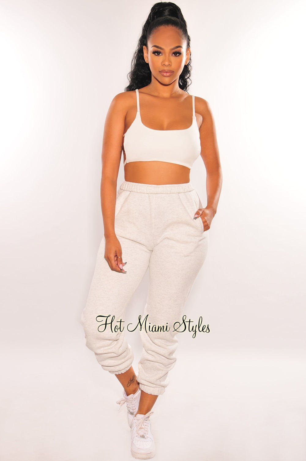 HMS Lounge: Light Gray High Waist Sweatpants Joggers sold by Hot Miami Styles