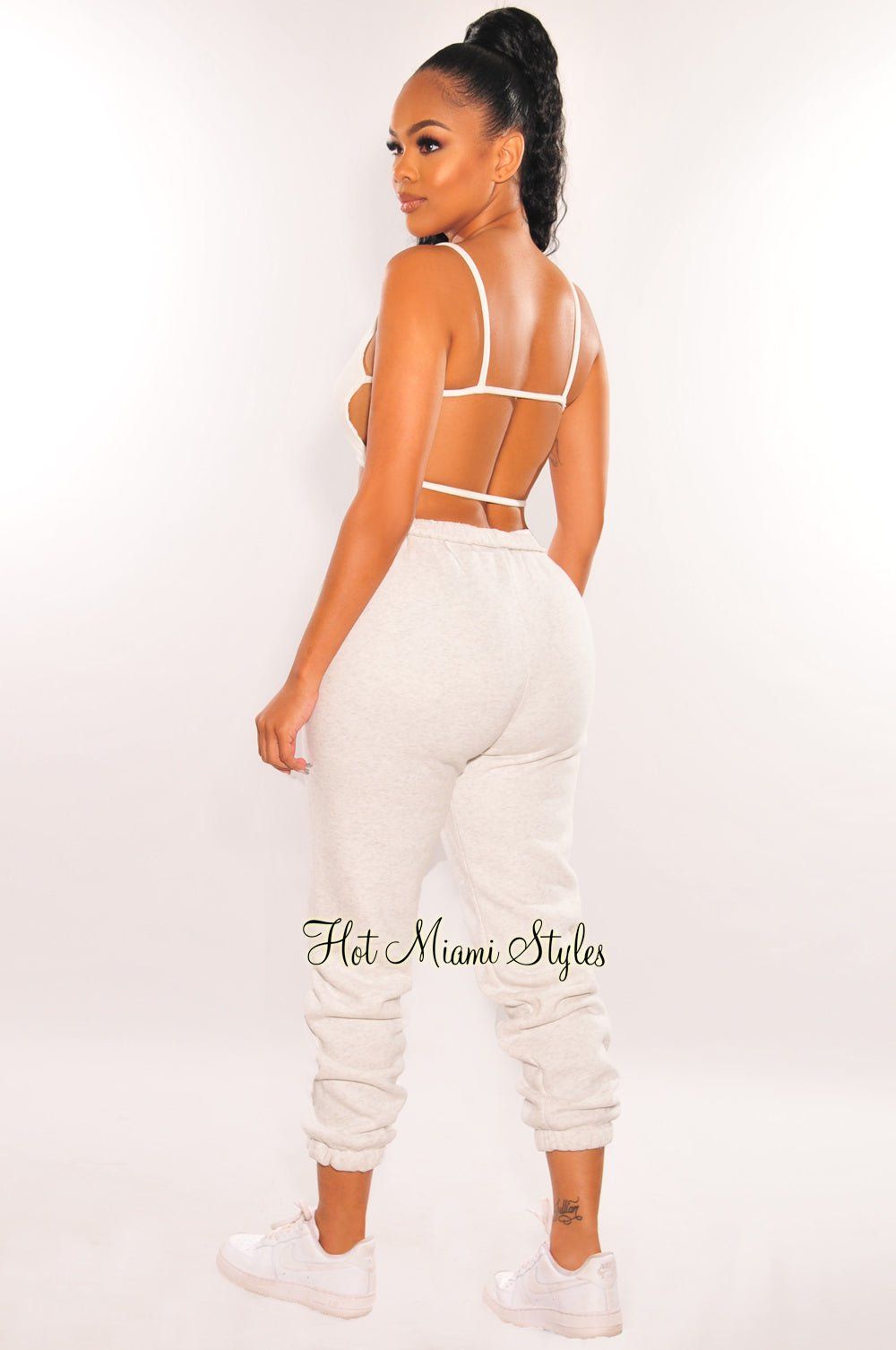 HMS Lounge: Light Gray High Waist Sweatpants Joggers sold by Hot Miami Styles product image thumbnail 2