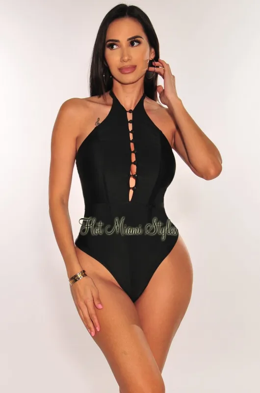 Black Halter Button Up Bodysuit sold by Hot Miami Styles