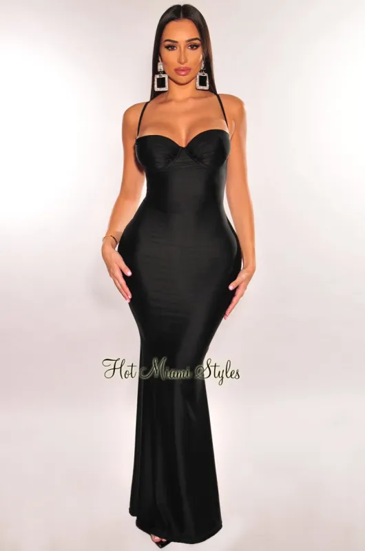 Black Underwire Spaghetti Strap Criss Cross Back Mermaid Gown sold by Hot Miami Styles
