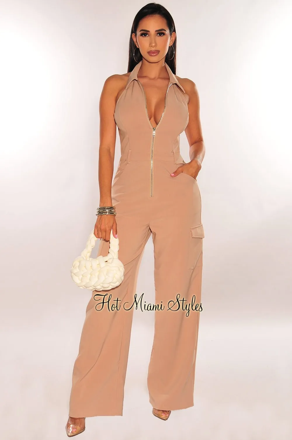 Taupe Collared Zipper Open Back Cargo Woven Wide Leg Jumpsuit sold by Hot Miami Styles