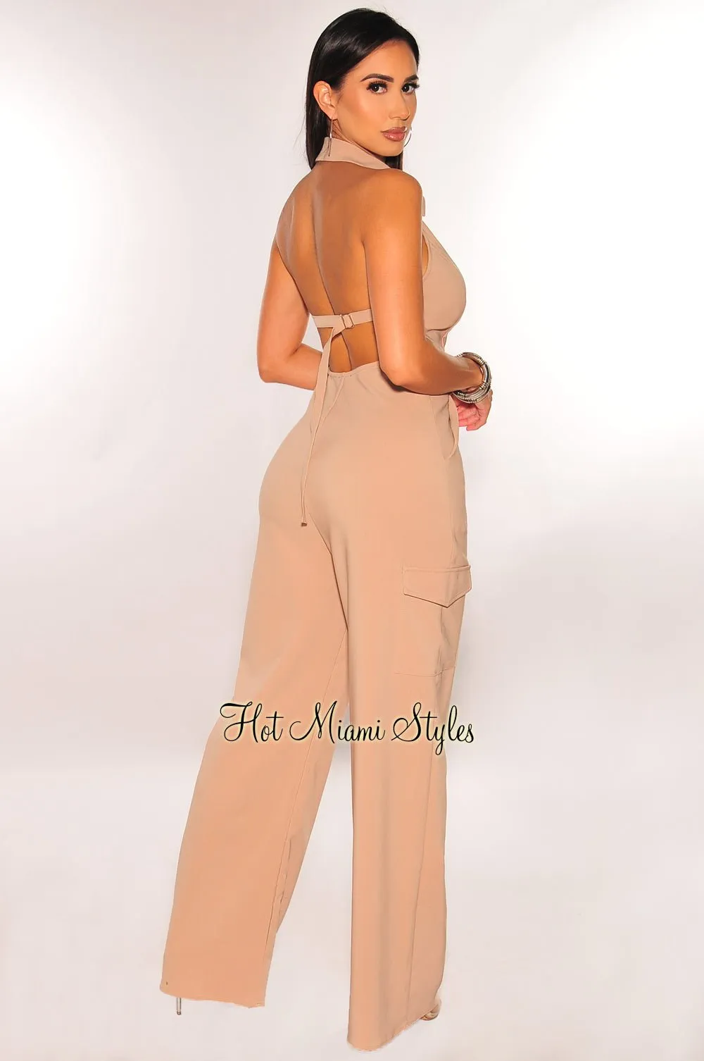 Taupe Collared Zipper Open Back Cargo Woven Wide Leg Jumpsuit sold by Hot Miami Styles product image thumbnail 2