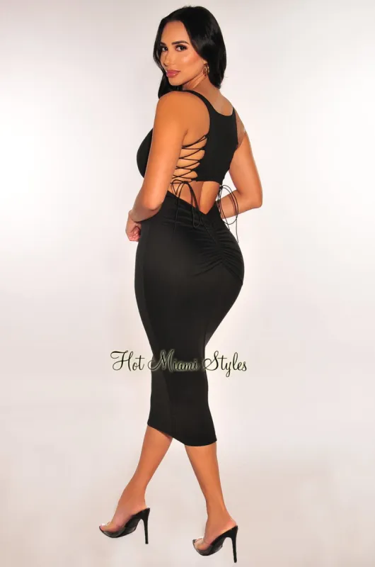 Black Sleeveless Square Neck Lace Up Cut Out Ruched Midi Dress sold by Hot Miami Styles