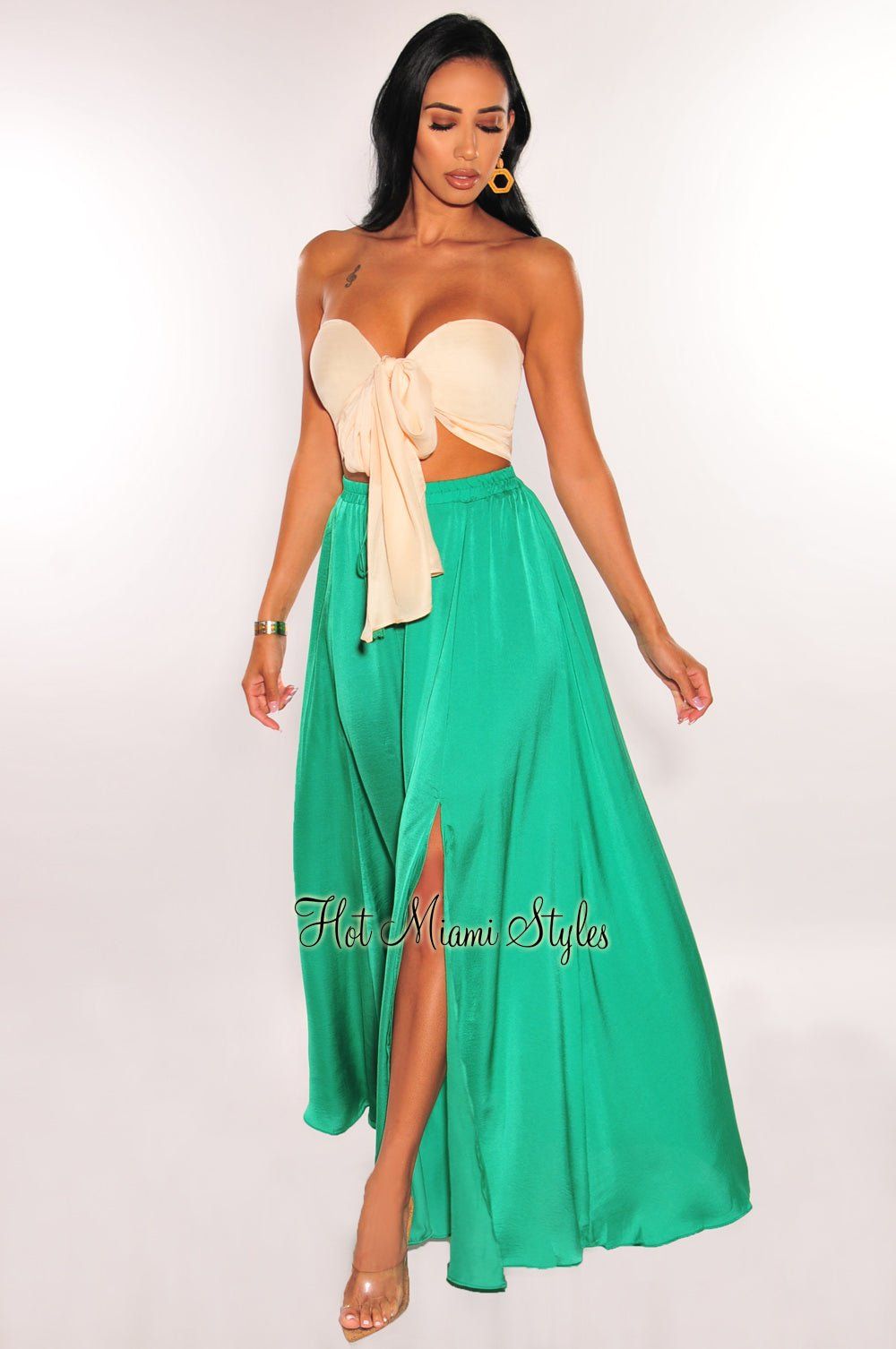 Cream Green Strapless Tie Up Skirt Two Piece Set sold by Hot Miami Styles
