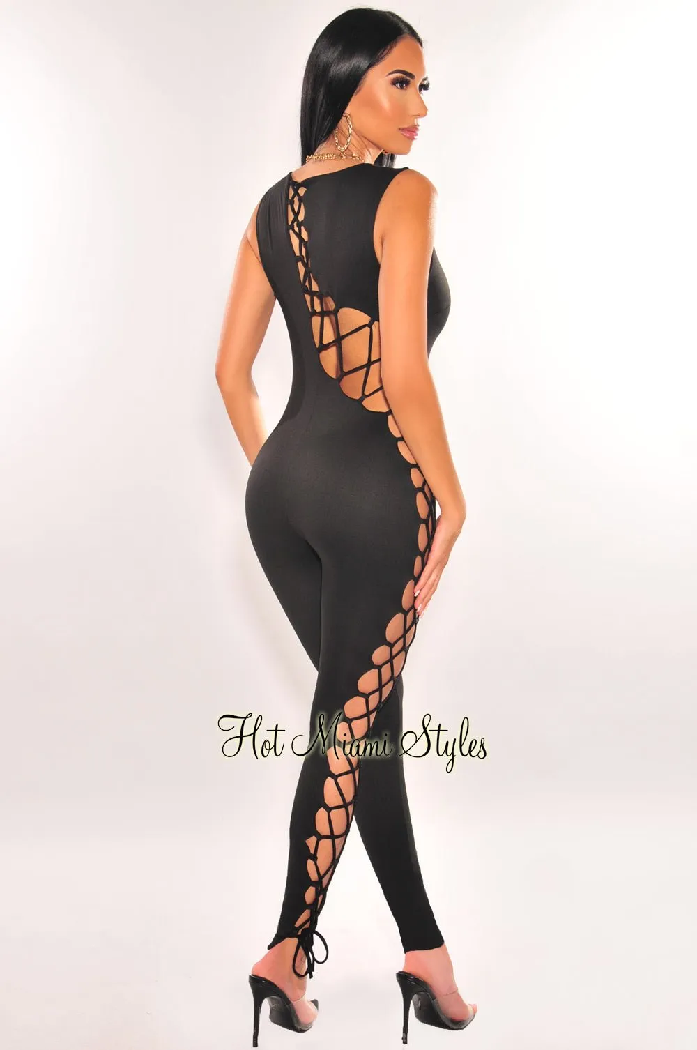 Black Sleeveless Lace Up Jumpsuit sold by Hot Miami Styles