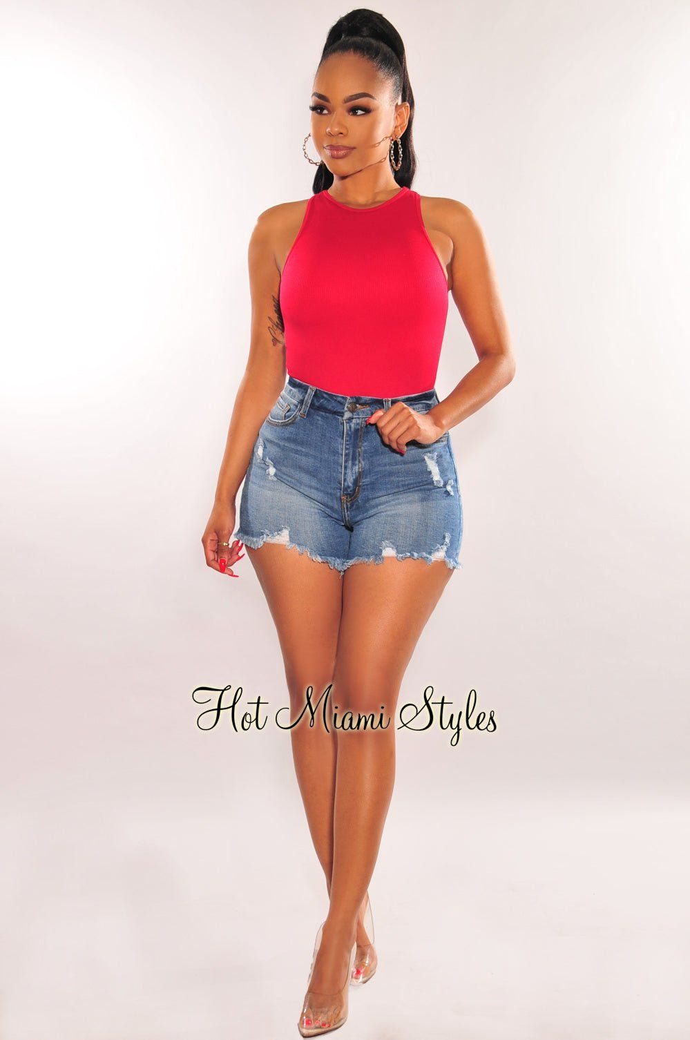 HMS Essential: Red Ribbed Seamless Sleeveless Bodysuit sold by Hot Miami Styles product image thumbnail 3