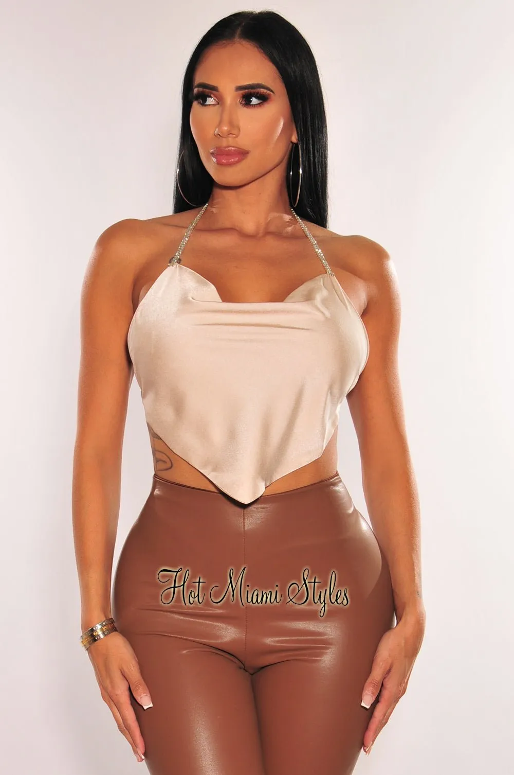 Champagne Silky Rhinestone Halter Draped Tie Up Crop Top sold by Hot Miami Styles