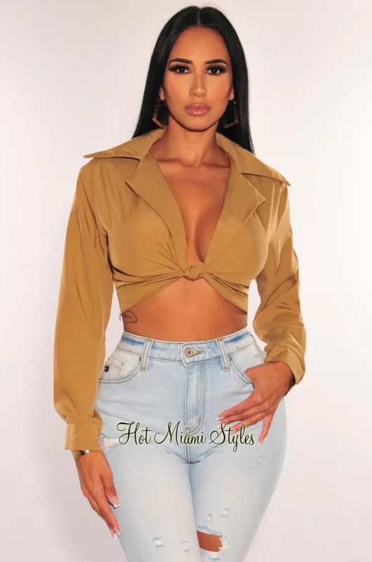Mocha Collared Long Sleeves Knotted Crop Top sold by Hot Miami Styles