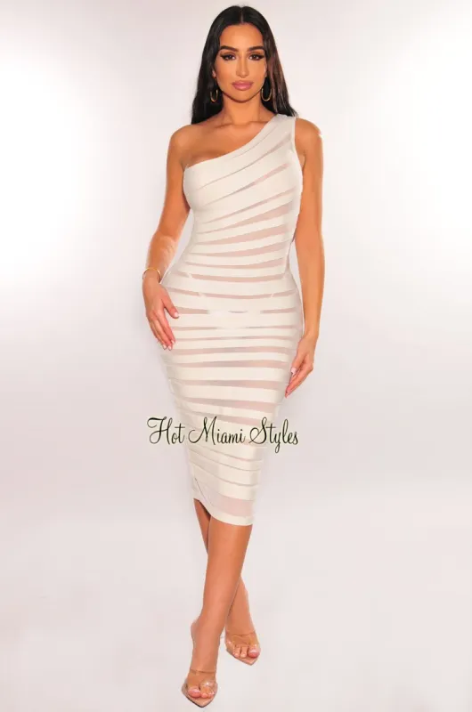 White Bandage Sheer Mesh Illusion One Shoulder Midi Dress sold by Hot Miami Styles