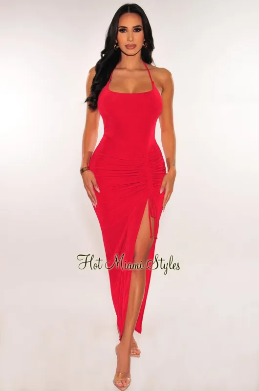Red Ribbed Shimmery Halter Drawstring Slit Maxi Dress sold by Hot Miami Styles