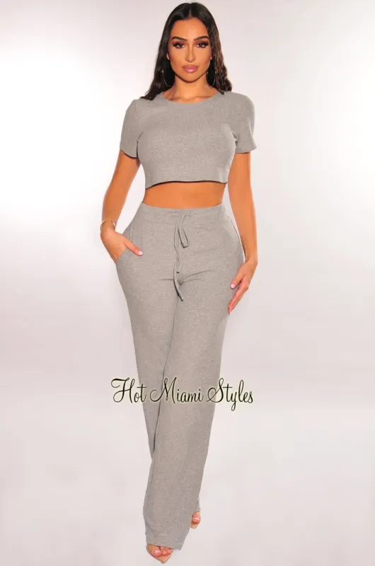 Light Gray Ribbed Short Sleeve Wide Leg Pants Two Piece Set sold by Hot Miami Styles