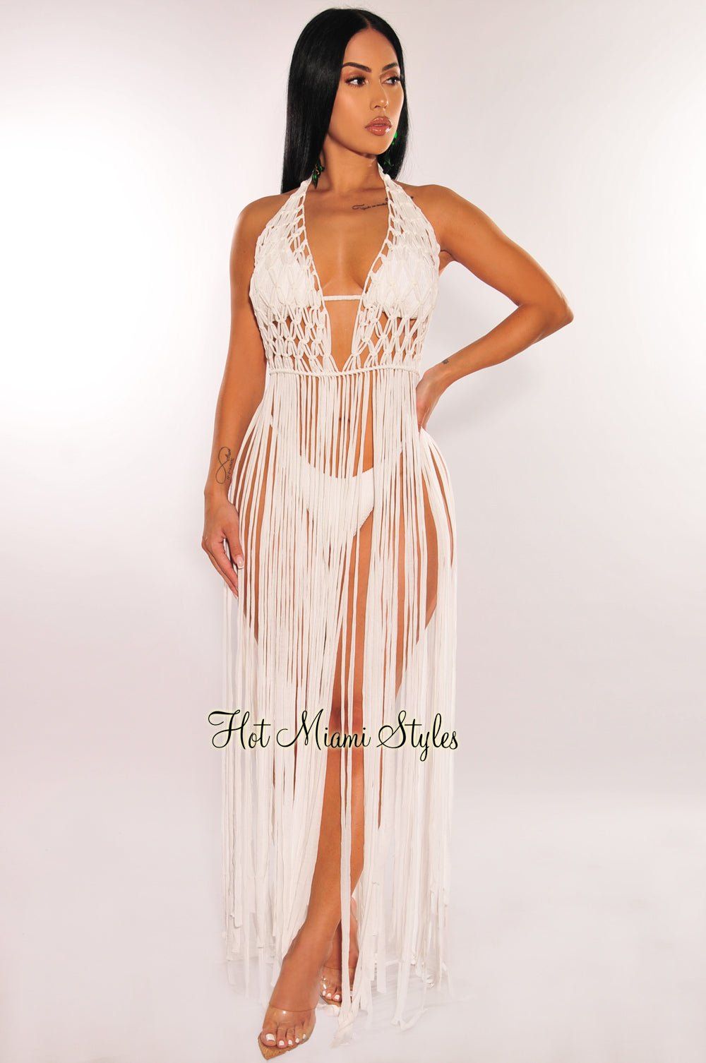 White Crochet Halter Fringe Cover Up Dress sold by Hot Miami Styles