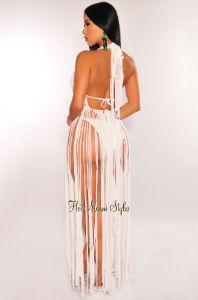 White Crochet Halter Fringe Cover Up Dress sold by Hot Miami Styles