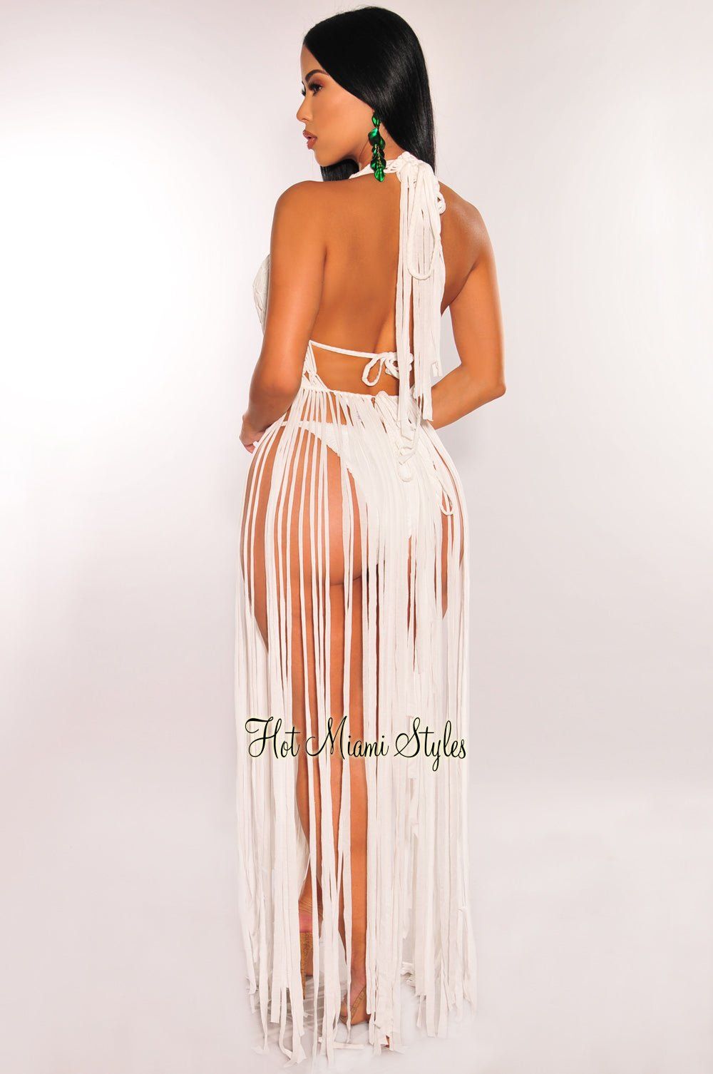 White Crochet Halter Fringe Cover Up Dress sold by Hot Miami Styles product image thumbnail 2