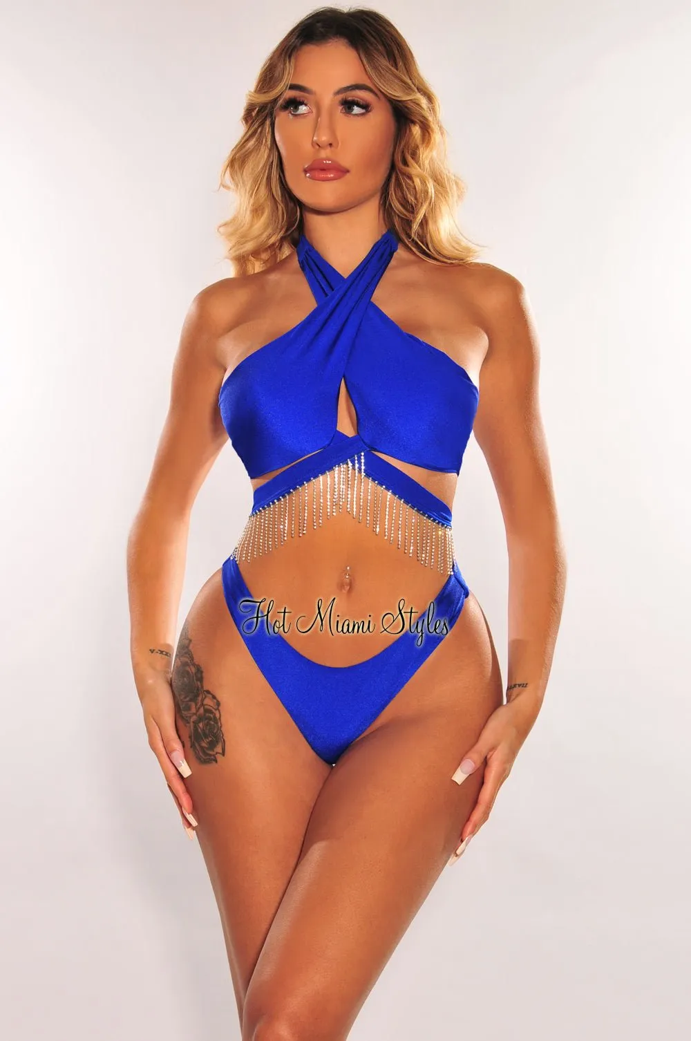 Royal Blue CrissCross Fringe Rhinestone Wrap Around Scrunch Butt Bikini Top sold by Hot Miami Styles