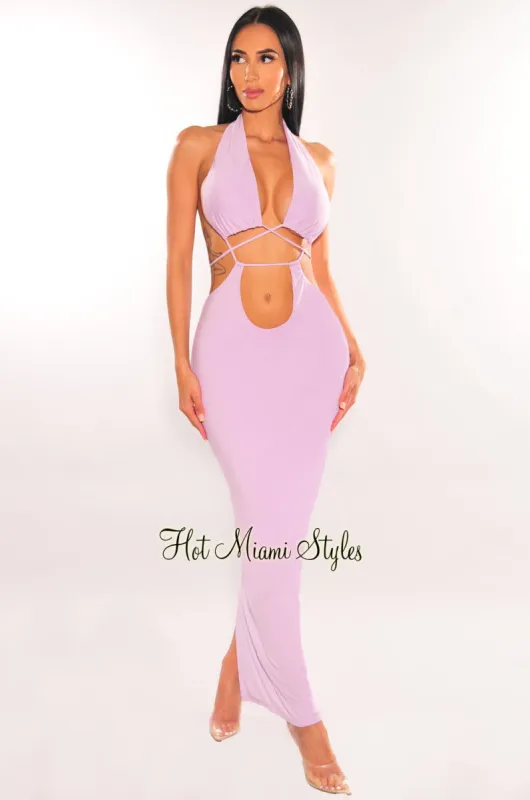 Lilac Halter Drawstring Keyhole Cut Out Dress sold by Hot Miami Styles