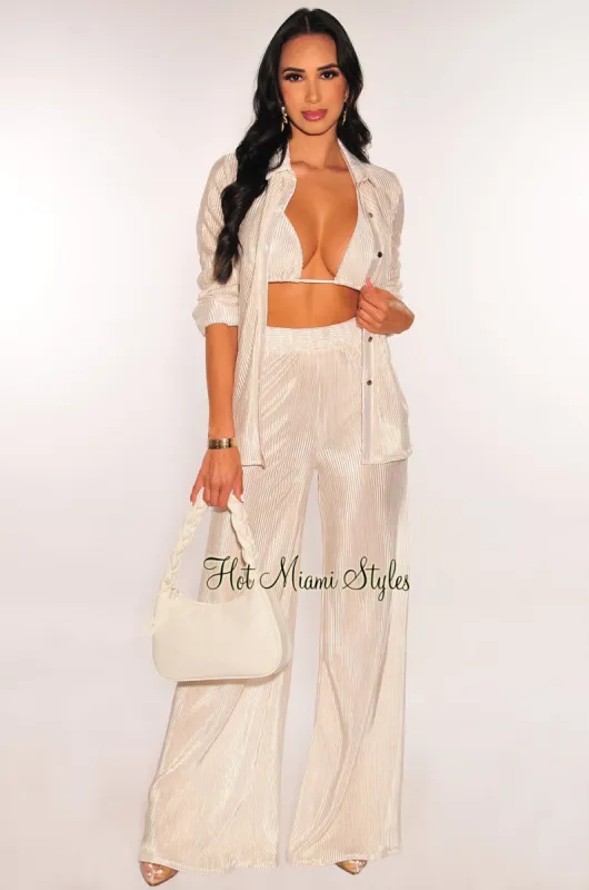 Champagne Shimmery Ribbed Halter Triangle Cut Top High Waist Wide Leg Pants Long Sleeves Button Down Three Piece Set sold by Hot Miami Styles