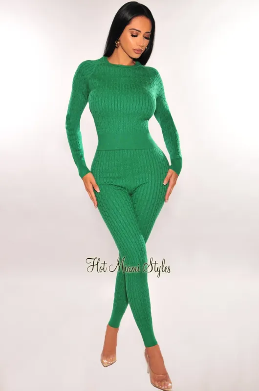Green Cable Knit Round Neck Long Sleeve Pants Two Piece Set sold by Hot Miami Styles