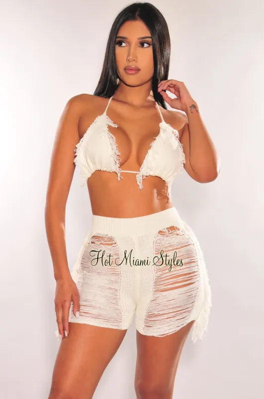 White Knit Halter Fringe Ladder Cut Shorts Two Piece Set sold by Hot Miami Styles