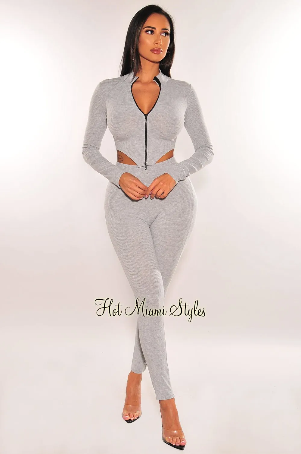 Gray Ribbed Knit Zipper Long Sleeve Pants Two Piece Set sold by Hot Miami Styles