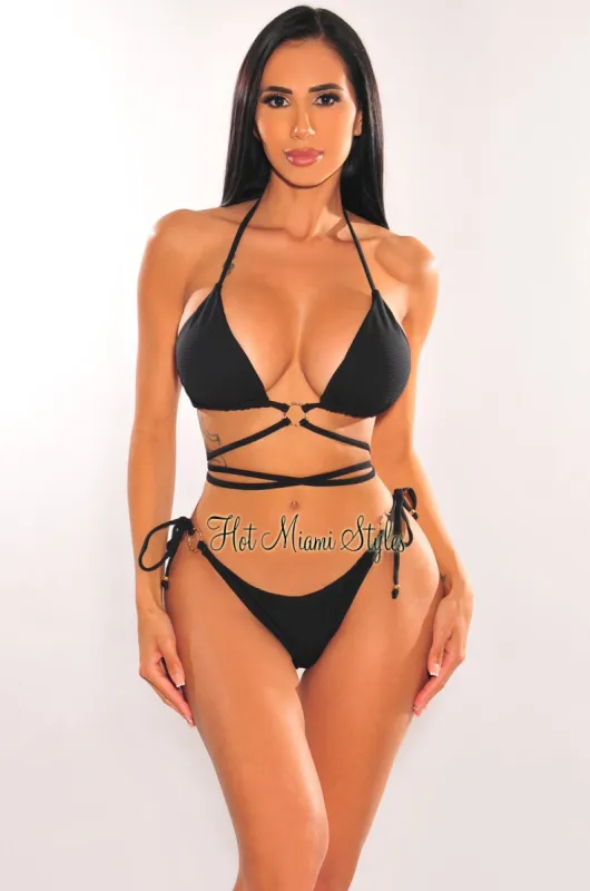 Black Ribbed Padded O-Ring Wrap Around Bikini sold by Hot Miami Styles