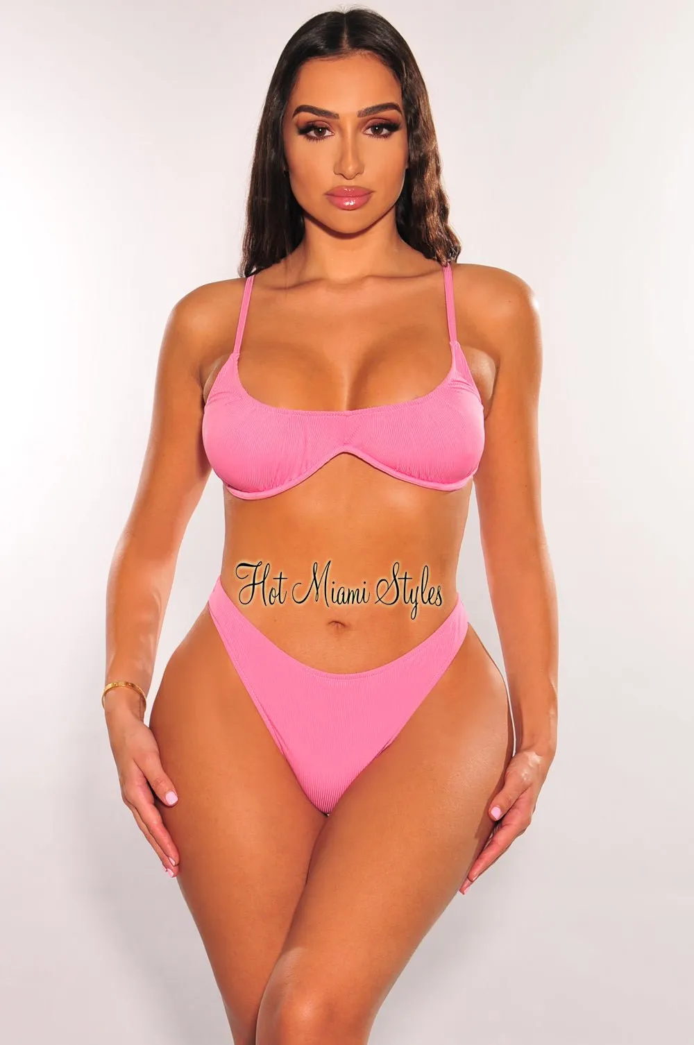Pink Ribbed Padded Spaghetti Straps Underwire Bikini Top sold by Hot Miami Styles