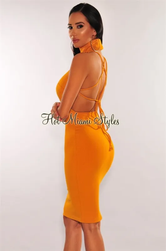 Mustard Ribbed Knit Turtleneck Lace Up Back Dress sold by Hot Miami Styles