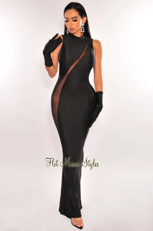 Black Mesh Sleeveless Mock Neck Mermaid Gown + Gloves sold by Hot Miami Styles