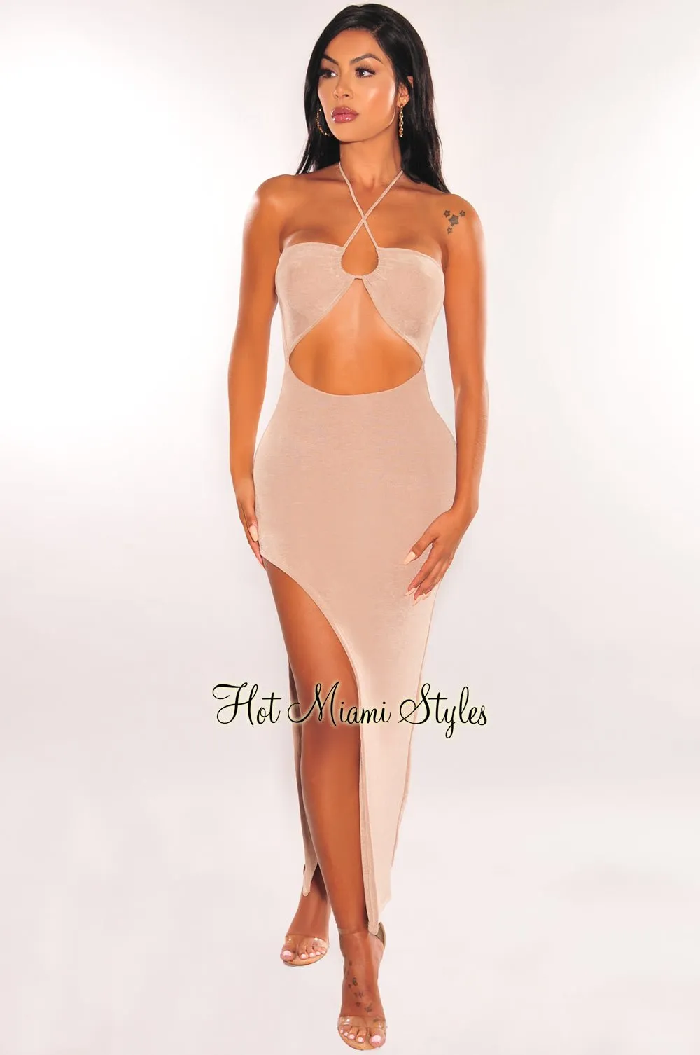 Nude Shimmery Halter Cut Out Slit Maxi Dress sold by Hot Miami Styles