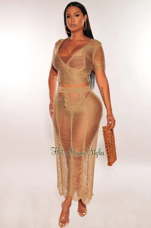 Mocha Crochet Knit Sheer Skirt Two Piece Set Cover Up sold by Hot Miami Styles