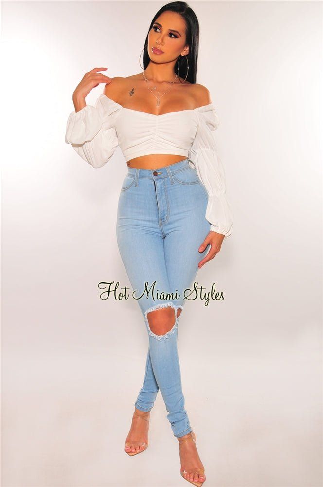 Light Denim Ripped Knee High Waist Skinny Jeans sold by Hot Miami Styles