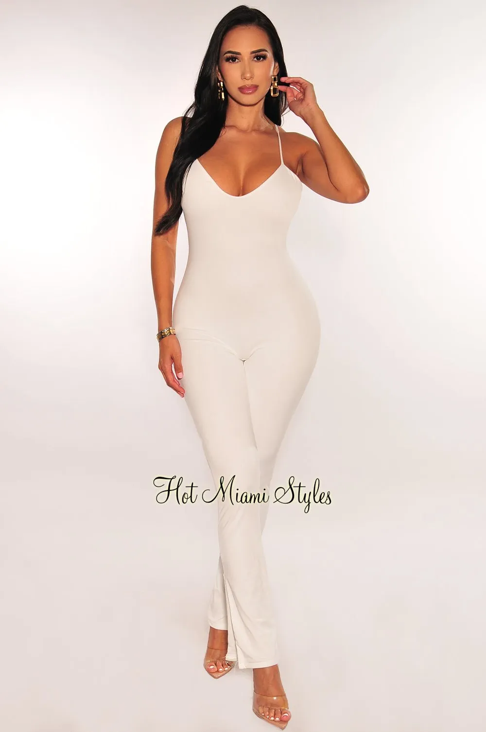White Spaghetti Strap V Neck Open Back Slit Jumpsuit sold by Hot Miami Styles product image thumbnail 3