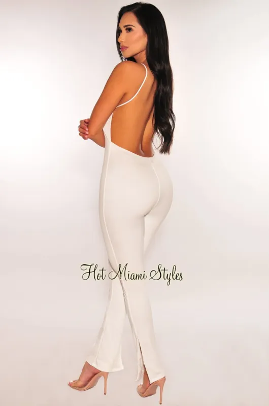 White Spaghetti Strap V Neck Open Back Slit Jumpsuit sold by Hot Miami Styles