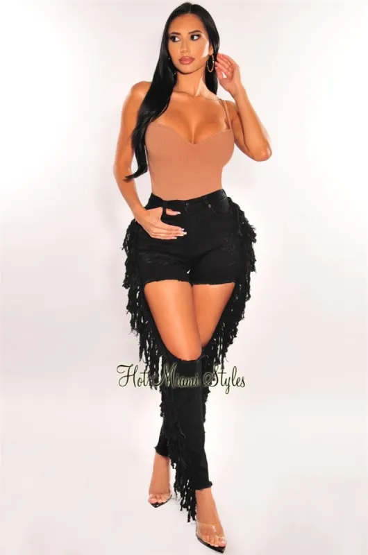 Black Denim Destroyed Fringe Frayed Hem High Waist Jeans sold by Hot Miami Styles