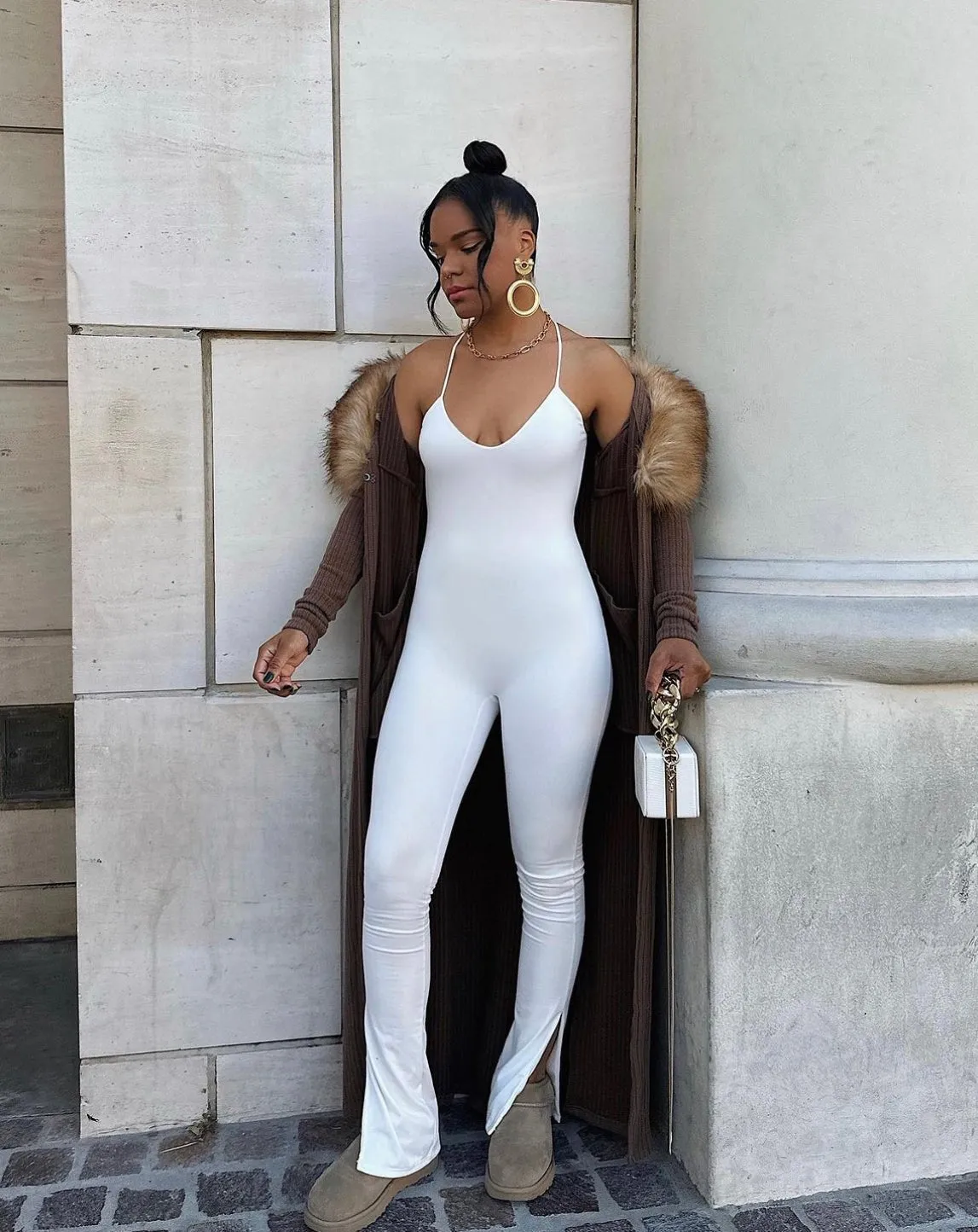 White Spaghetti Strap V Neck Open Back Slit Jumpsuit sold by Hot Miami Styles product image thumbnail 4