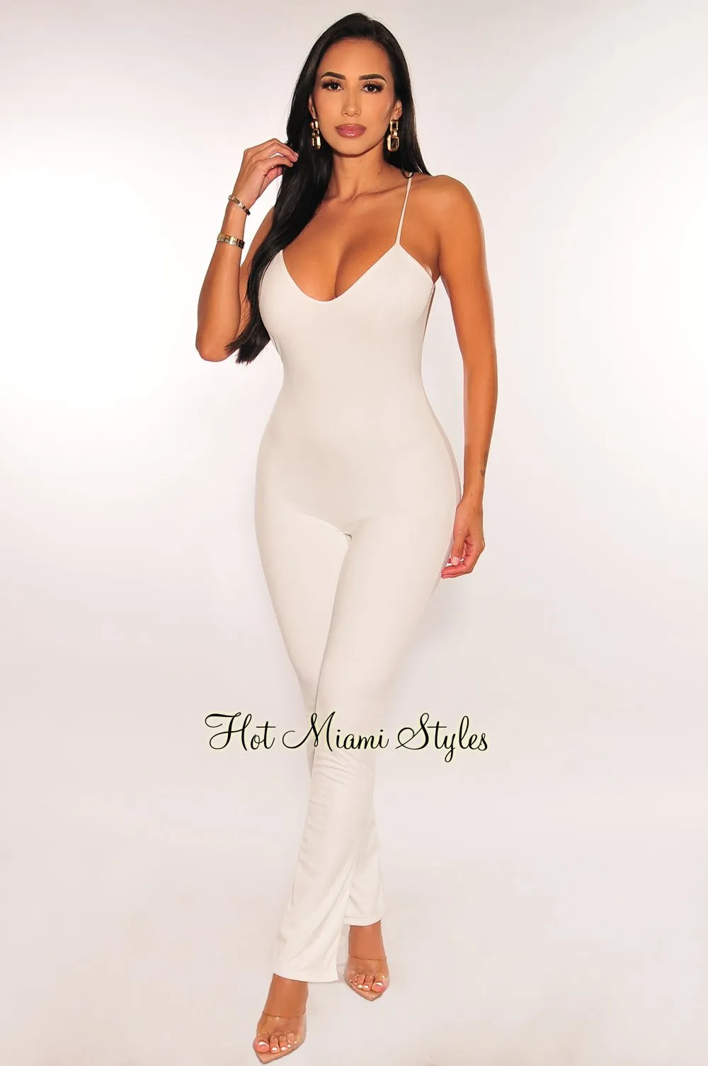 White Spaghetti Strap V Neck Open Back Slit Jumpsuit sold by Hot Miami Styles product image thumbnail 2
