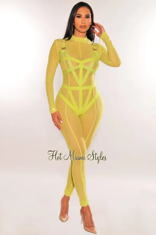 Lime Green Mesh Strappy Bodysuit Long Sleeve Jumpsuit Two Piece Set sold by Hot Miami Styles