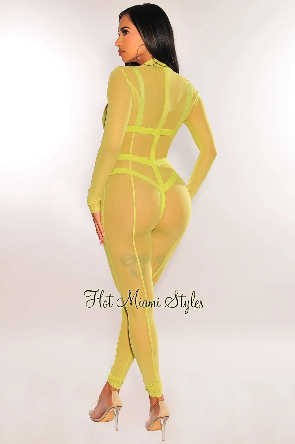 Lime Green Mesh Strappy Bodysuit Long Sleeve Jumpsuit Two Piece Set sold by Hot Miami Styles product image thumbnail 2